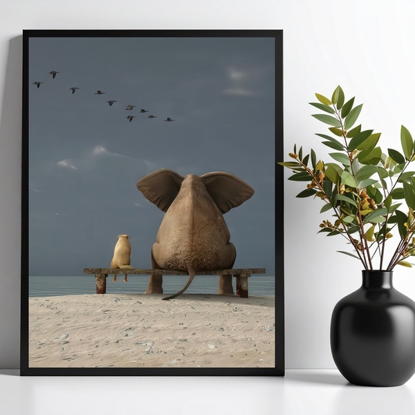 Quadro Decorativo Elefante E Cachorro - Praia 45x34cm - Com V