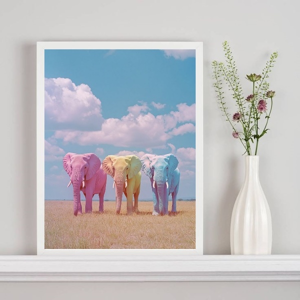 Quadro Decorativo Elefantes Coloridos Candy Colors 33x24cm Mo