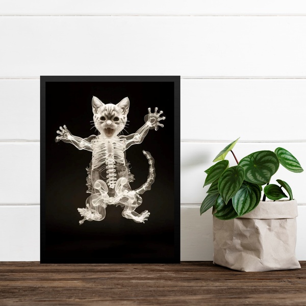 Quadro Decorativo Esqueleto De Gato 33x24cm Moldura Branca