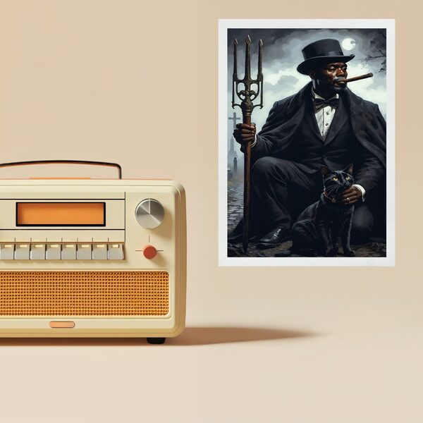 Quadro Decorativo Exu Gato Preto 24x18cm Moldura Branca