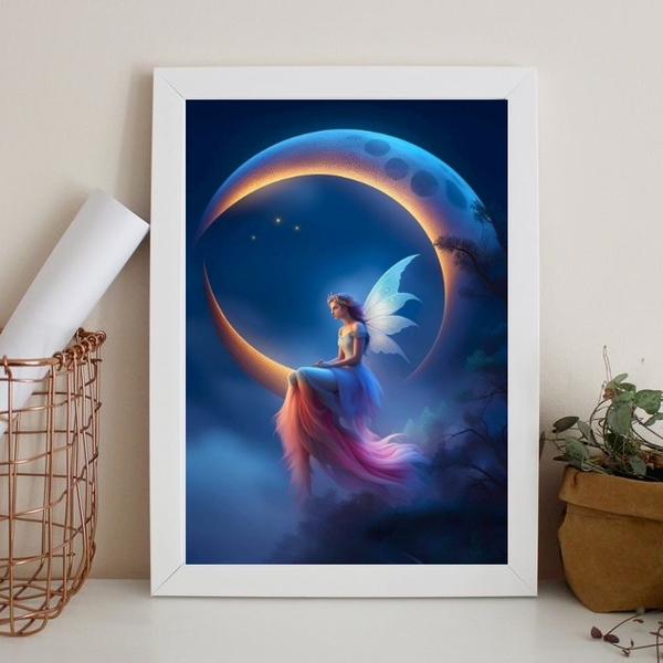 Quadro Decorativo Fada Com lua 24x18cm Moldura:madeira Preta