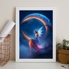 Quadro Decorativo Fada Com lua 45x34cm Moldura:madeira Branca
