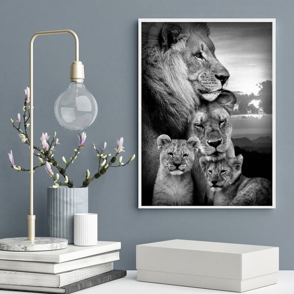 Quadro Decorativo Família De Leões- Preto E Branco 45x34cm Mo