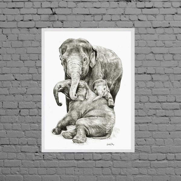 Quadro Decorativo Família Elefantes 33x24cm Moldura:madeira B