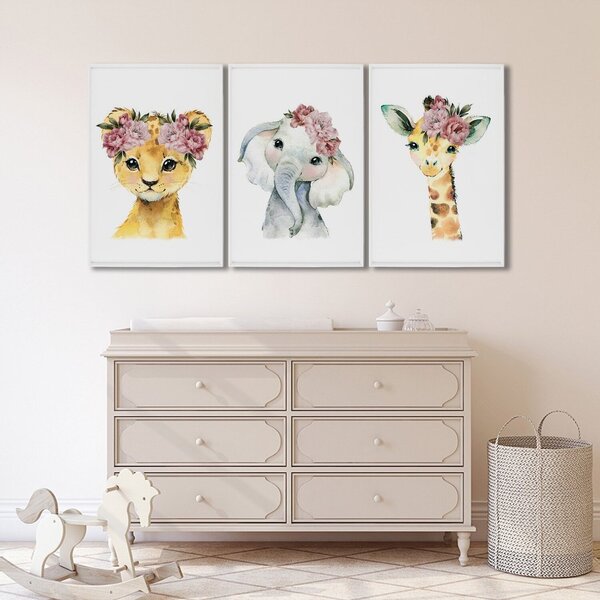 Quadro Decorativo Filhotes No Jardim Infantil Com 3 Telas 60x