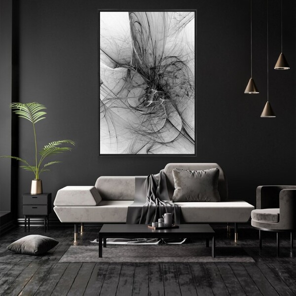 Quadro Decorativo Fios Tons De Cinza Vertical Com Moldura E S