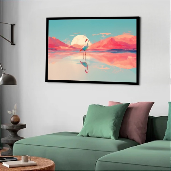 Quadro Decorativo Flamingo Montanhas  - 50x70cm Moldura Branca