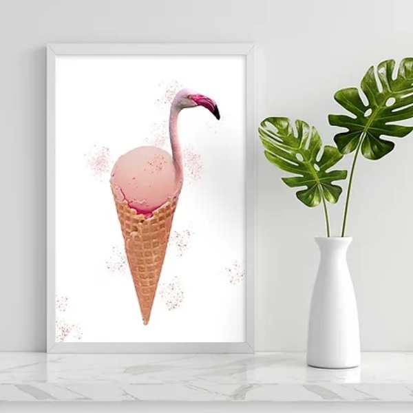 Quadro Decorativo Flamingo Sorvete 45x34cm Moldura:madeira Br