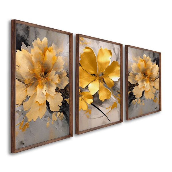 Quadro Decorativo Floral Amarelo Com 3 Telas De Parede Para S