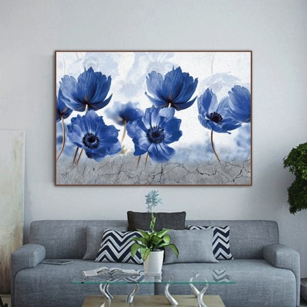 Quadro Decorativo Floral Blue Papoilas Com Moldura Marrom 180