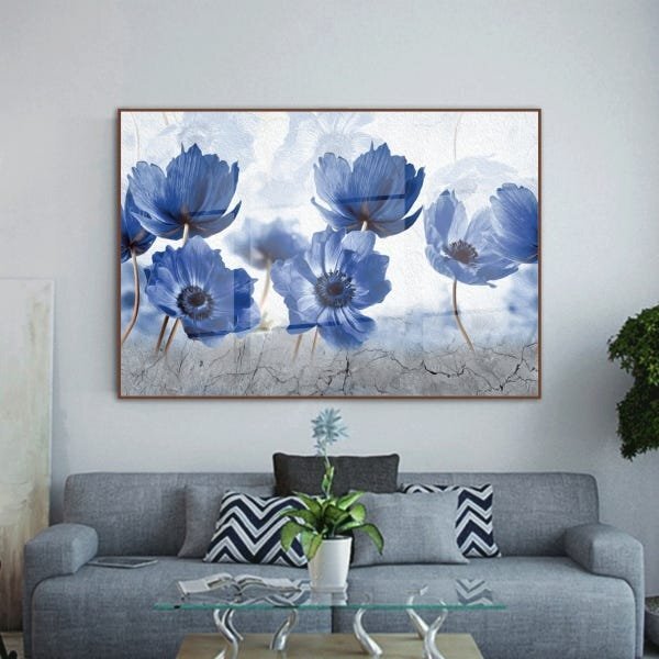 Quadro Decorativo Floral Blue Papoilas Com Moldura Marrom E V