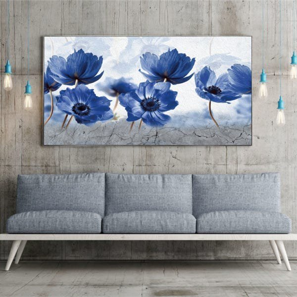 Quadro Decorativo Floral Blue Papoilas Com Moldura Prata 200x