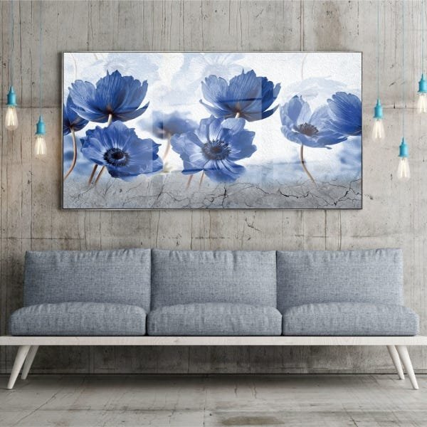 Quadro Decorativo Floral Blue Papoilas Com Moldura Prata E Vi