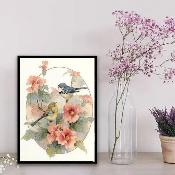 Quadro Decorativo Floral Casal Pássaros 33x24cm Moldura:madei