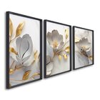 Quadro Decorativo Floral Delicado Branco E Dourado 3 Telas 60