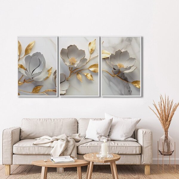 Quadro Decorativo Floral Delicado Branco E Dourado 3 Telas 60