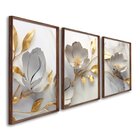 Quadro Decorativo Floral Delicado Branco E Dourado 3 Telas 60