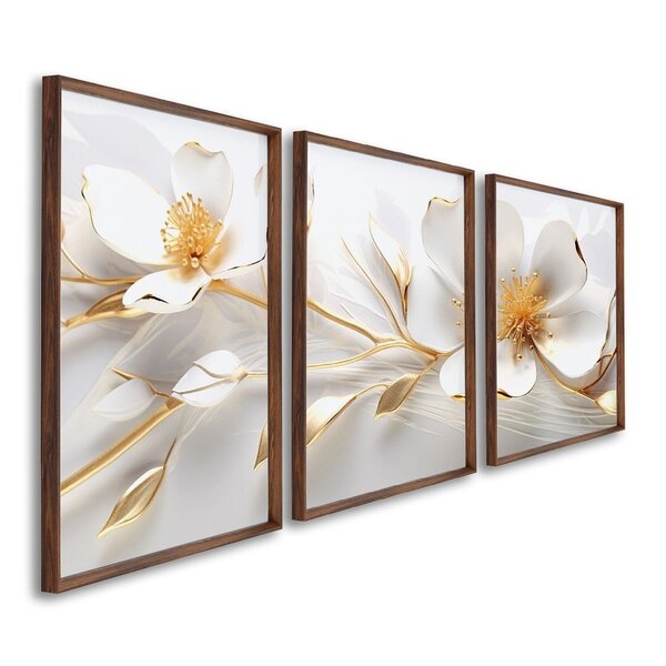 Quadro Decorativo Floral Delicado Magnólias Com 3 Telas De Pa