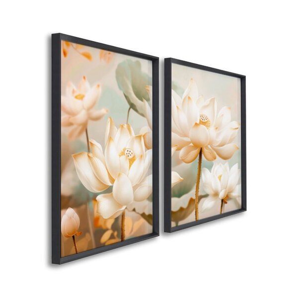 Quadro Decorativo Floral Flor De Lótus Com 2 Telas De Parede