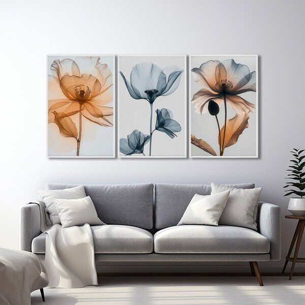 Quadro Decorativo Floral Flores Com Caule Com 3 Telas De Pare