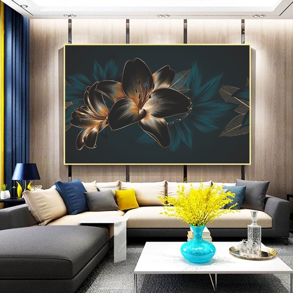 Quadro Decorativo Floral Hibisco Preto Com Moldura Dourada 10