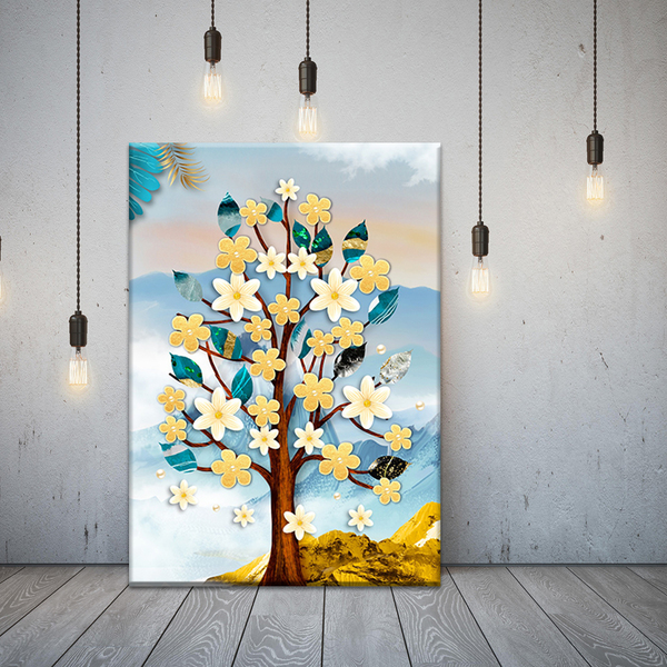 Quadro Decorativo Floral Jardim Azul E Amarelo - 120x80 Cm