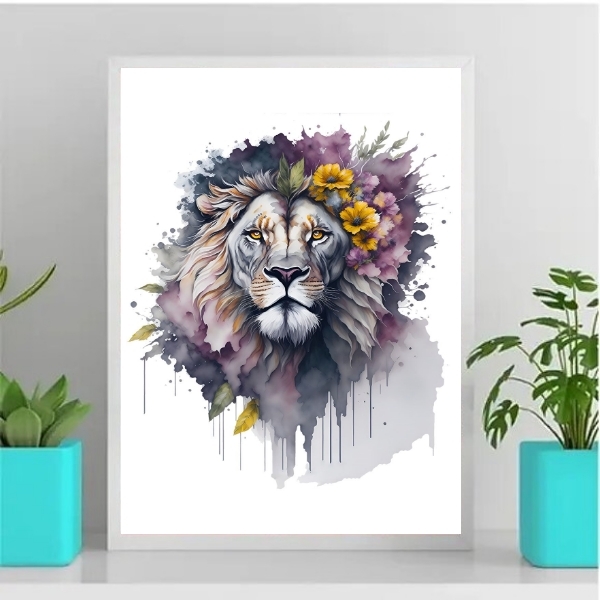 Quadro Decorativo Floral Leão Aquarela 33x24cm - Com Vidro Mo
