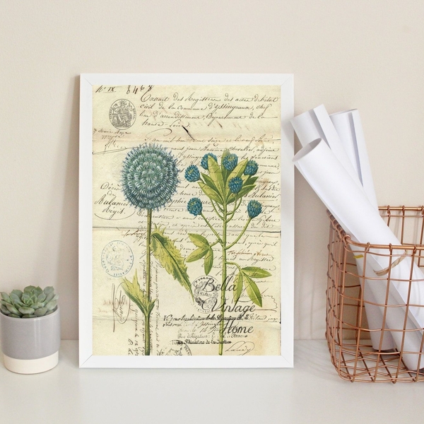 Quadro Decorativo Flores Azuis- Botânica Retrô 33x24cm Moldur