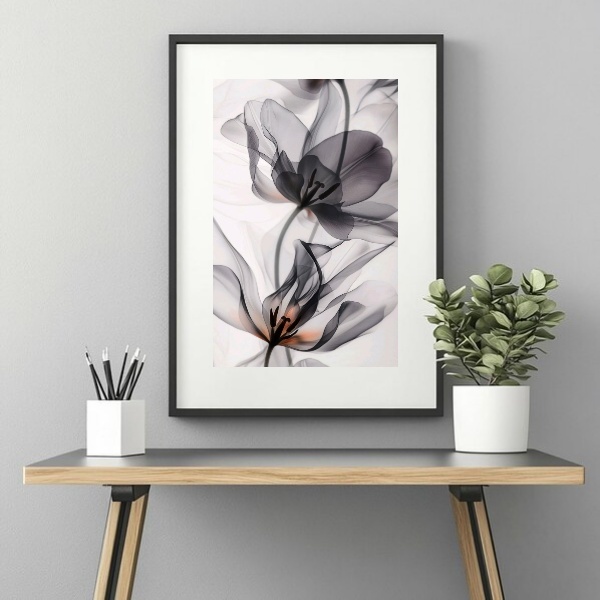 Quadro Decorativo Flores Cinza - 60x48cm Moldura Preta