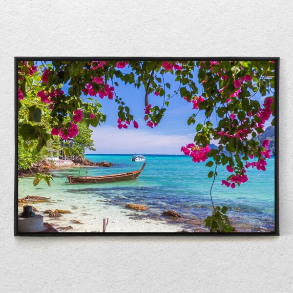 Quadro Decorativo Flores E Barco Beira Mar Com Moldura E Sem