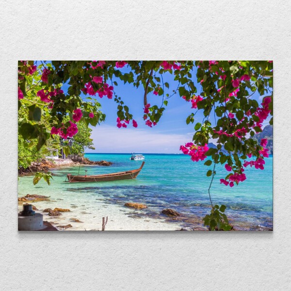 Quadro Decorativo Flores E Barco Beira Mar Sem Moldura E Sem