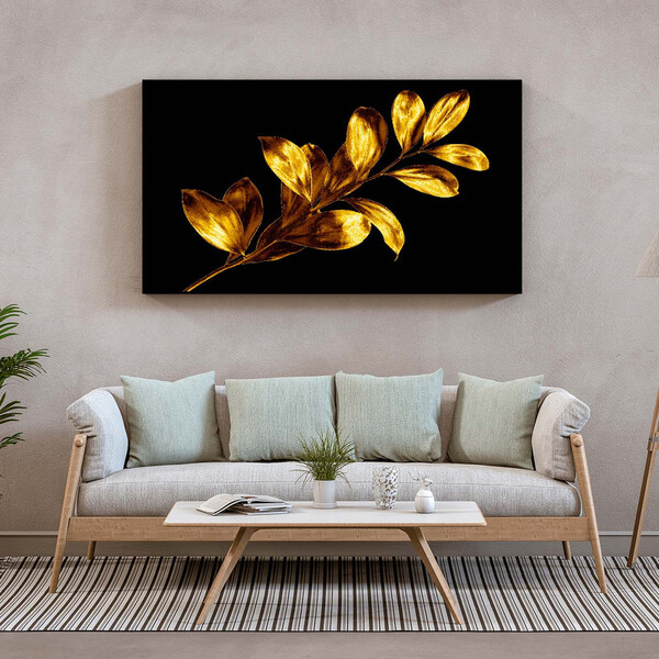 Quadro Decorativo Flores E Folhas Douradas - 90x60 Cm