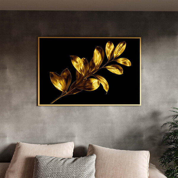 Quadro Decorativo Flores E Folhas Douradas Com Moldura Dourad