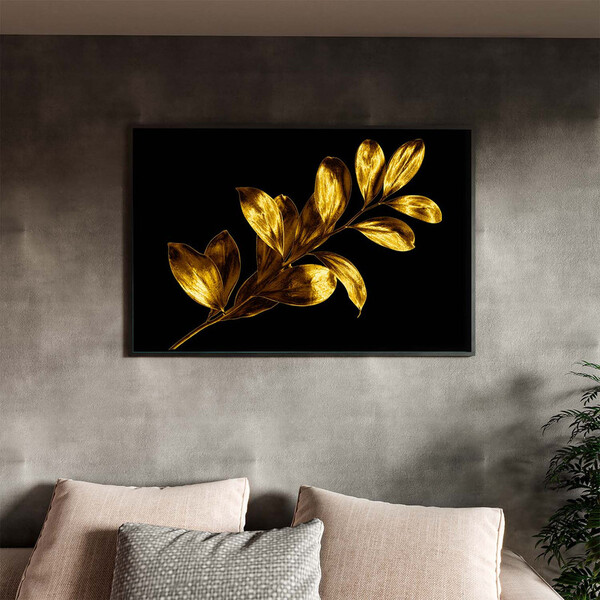 Quadro Decorativo Flores E Folhas Douradas Com Moldura Preto
