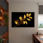 Quadro Decorativo Flores E Folhas Douradas Com Moldura Preto