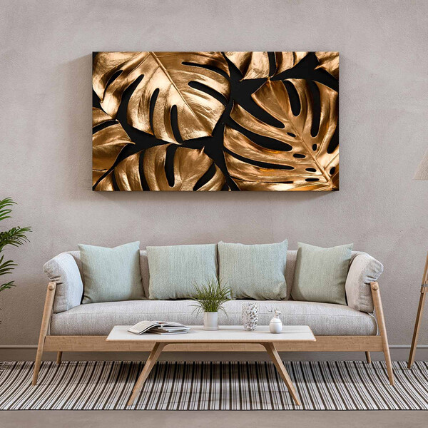 Quadro Decorativo Flores E Folhas Golden Monstera - 180x135 Cm