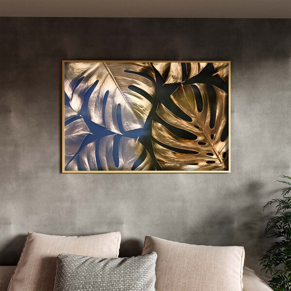 Quadro Decorativo Flores E Folhas Golden Monstera Com Moldura