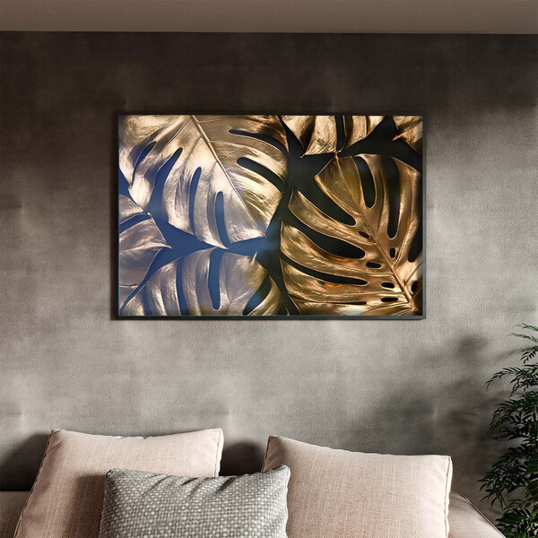 Quadro Decorativo Flores E Folhas Golden Monstera Com Moldura