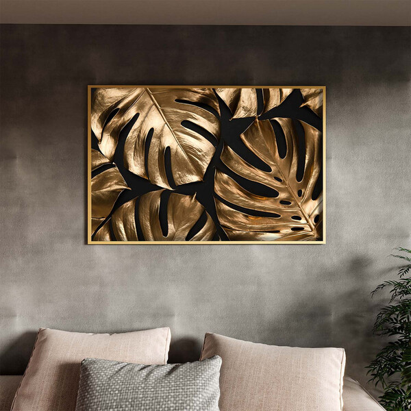 Quadro Decorativo Flores E Folhas Golden Monstera Com Moldura