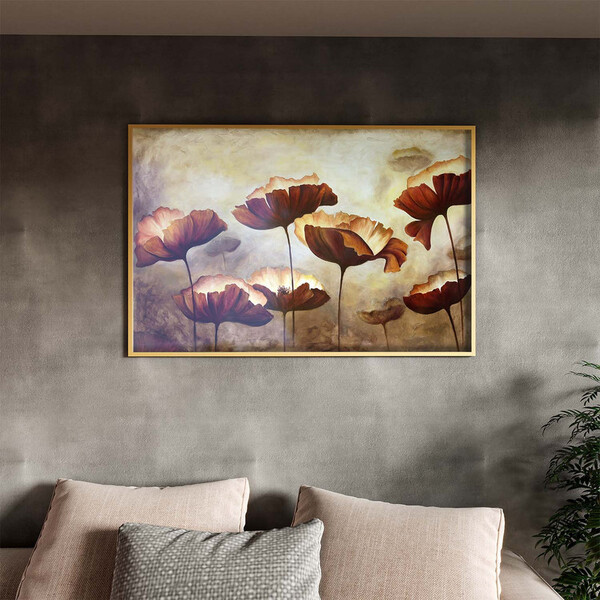 Quadro Decorativo Flores E Folhas Papoilas Com Moldura E Vidr