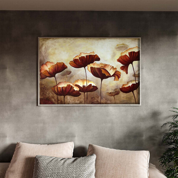 Quadro Decorativo Flores E Folhas Papoilas Com Moldura Prata