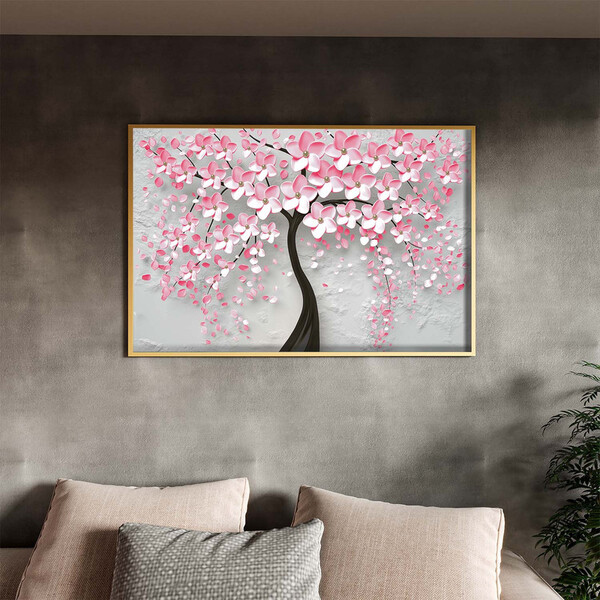 Quadro Decorativo Flores E Folhas Pink Flower Tree Com Moldur