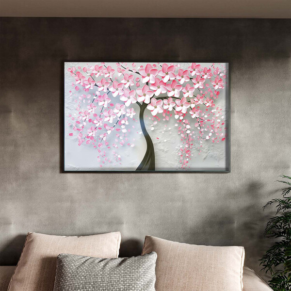 Quadro Decorativo Flores E Folhas Pink Flower Tree Com Moldur