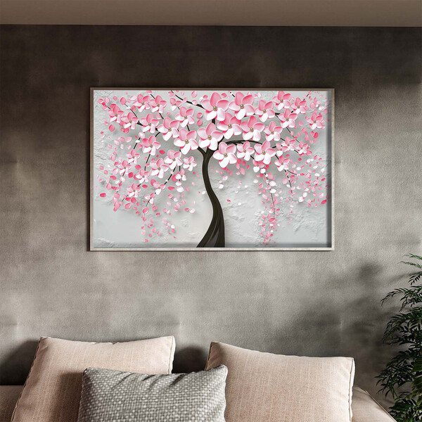 Quadro Decorativo Flores E Folhas Pink Flower Tree Com Moldur