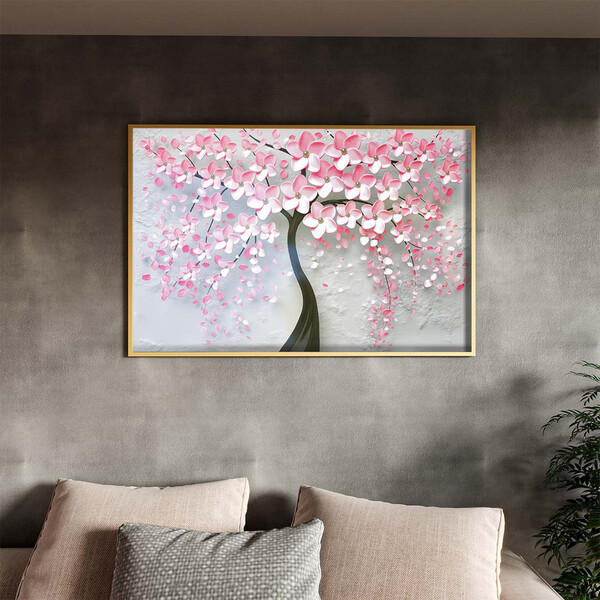 Quadro Decorativo Flores E Folhas Pink Flower Tree Com Moldur