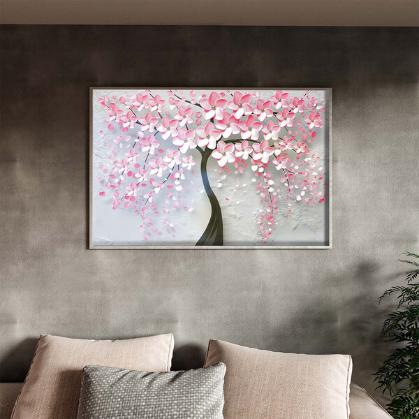 Quadro Decorativo Flores E Folhas Pink Flower Tree Com Moldur