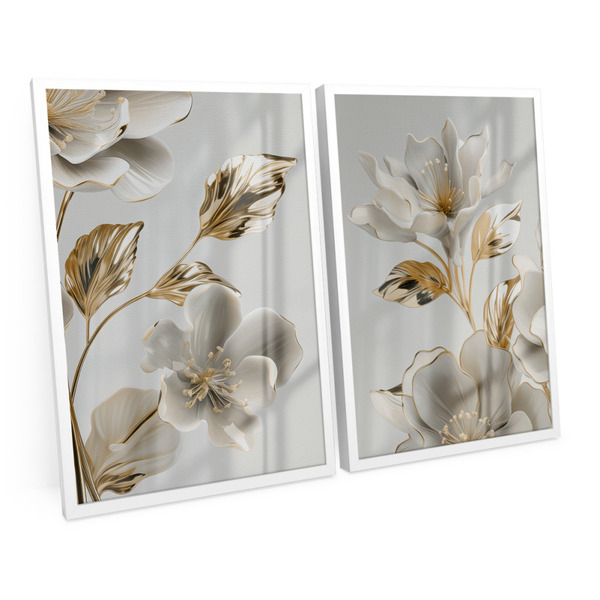 Quadro Decorativo Flores Em Ouro Branco E Folhas Ouro Amarelo
