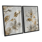 Quadro Decorativo Flores Ouro Branco Folhas Ouro Amarelo Kit