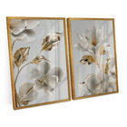 Quadro Decorativo Flores Ouro Branco Folhas Ouro Amarelo Kit