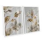 Quadro Decorativo Flores Ouro Branco Folhas Ouro Amarelo Kit